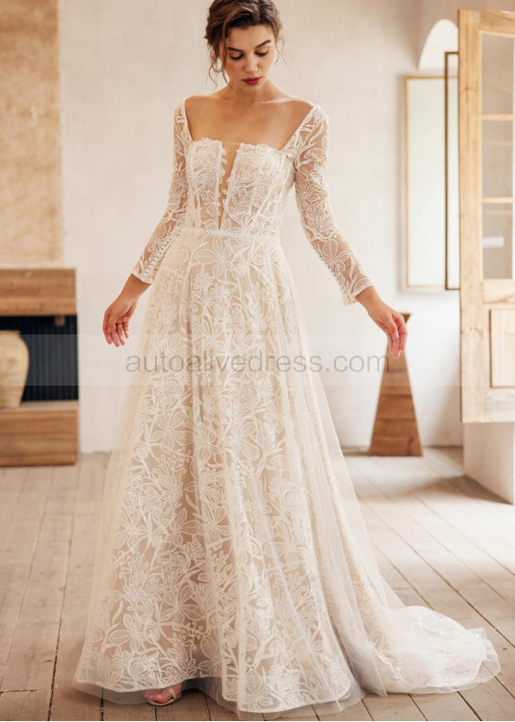 Square Neck Ivory Lace Tulle Floral Wedding Dress